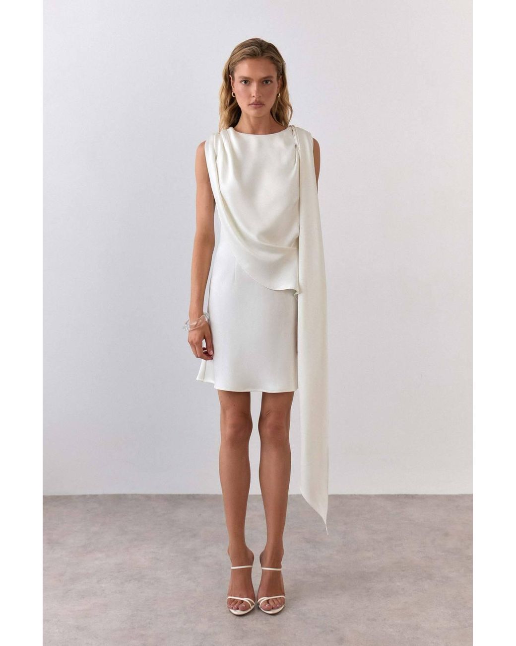 Warehouse Natural Premium Satin Draped Cape Mini Dress