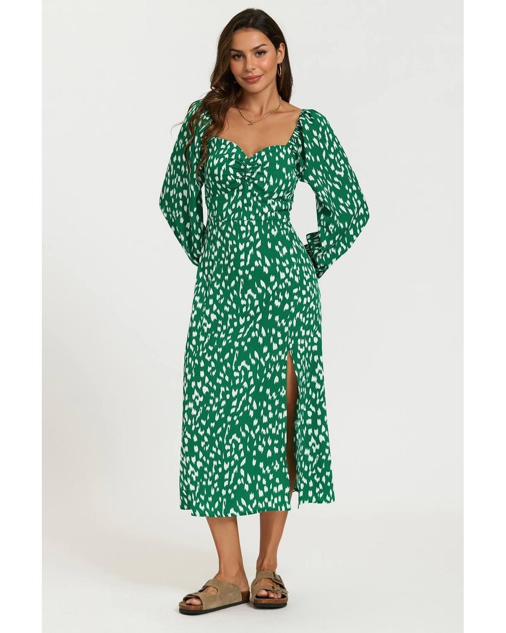 FS Collection Green Brushstroke Print Long Sleeve Heart Neckline Midi Dress