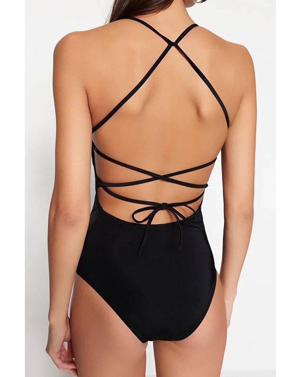 WOVCOR Black Square Neck Strappy Open Back Fitted Swimsuit