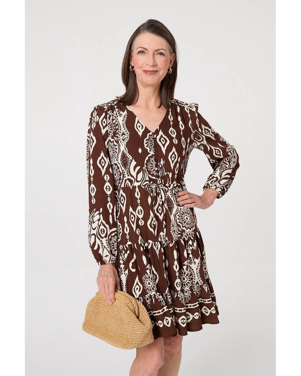 Izabel London Brown Printed Tiered V-Neck Knee Length Dress