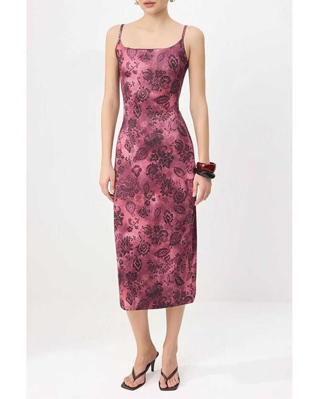 WOVCOR Red Floral Bodycon Square Neck Sleeveless Knitted Dress