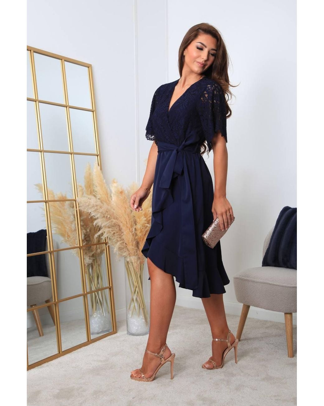Double Second Blue Wrap Lace Dress W/ Frill Hem