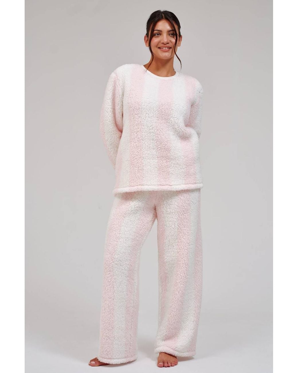 Loungeable Pink Stripe Cosy Borg Fleece Jumper & Wide Leg Lounge Set