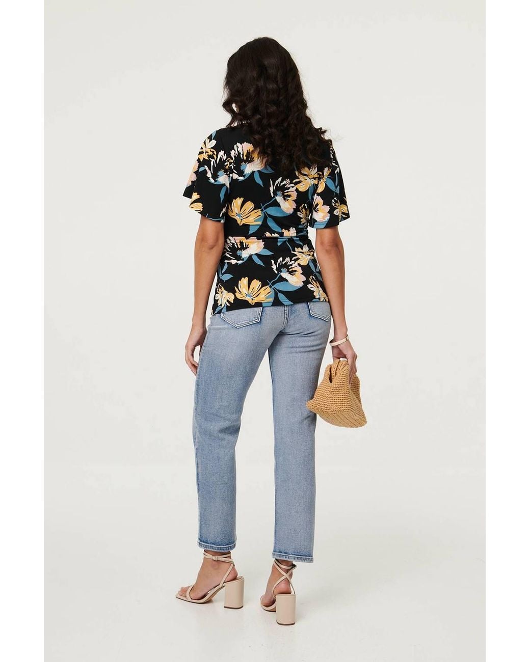 Izabel London Blue Floral Short Angel Sleeve Wrap Front Top