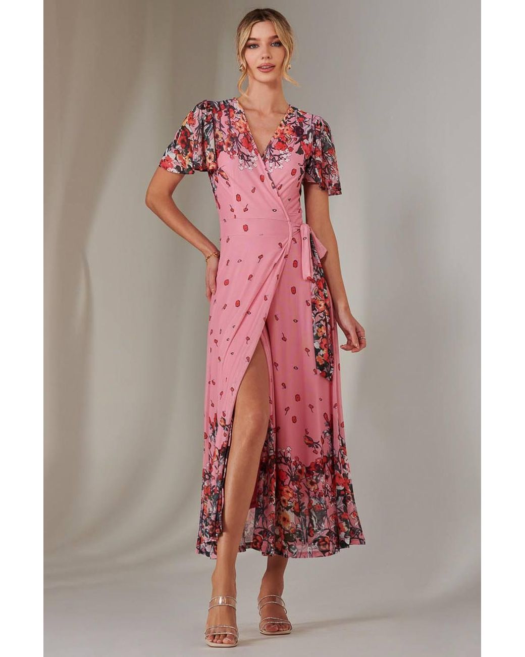 Jolie Moi Pink Mirror Print Mesh Wrap Maxi Dress