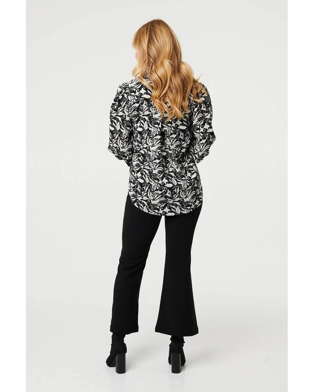 Izabel London Black Leaf Print Long Balloon Sleeve Shirt