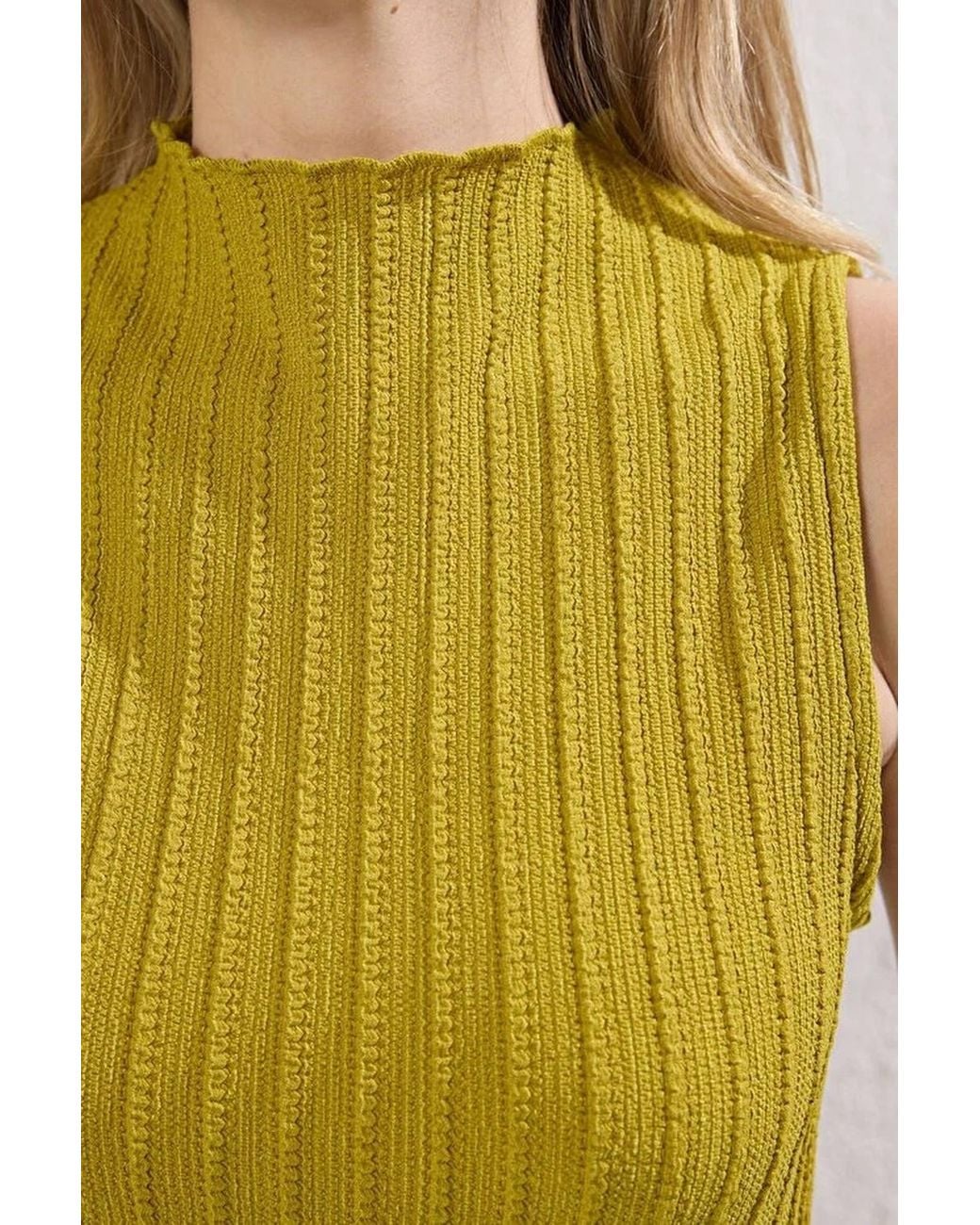 WOVCOR Yellow Ribbed High Neck Sleeveless Maxi Dress