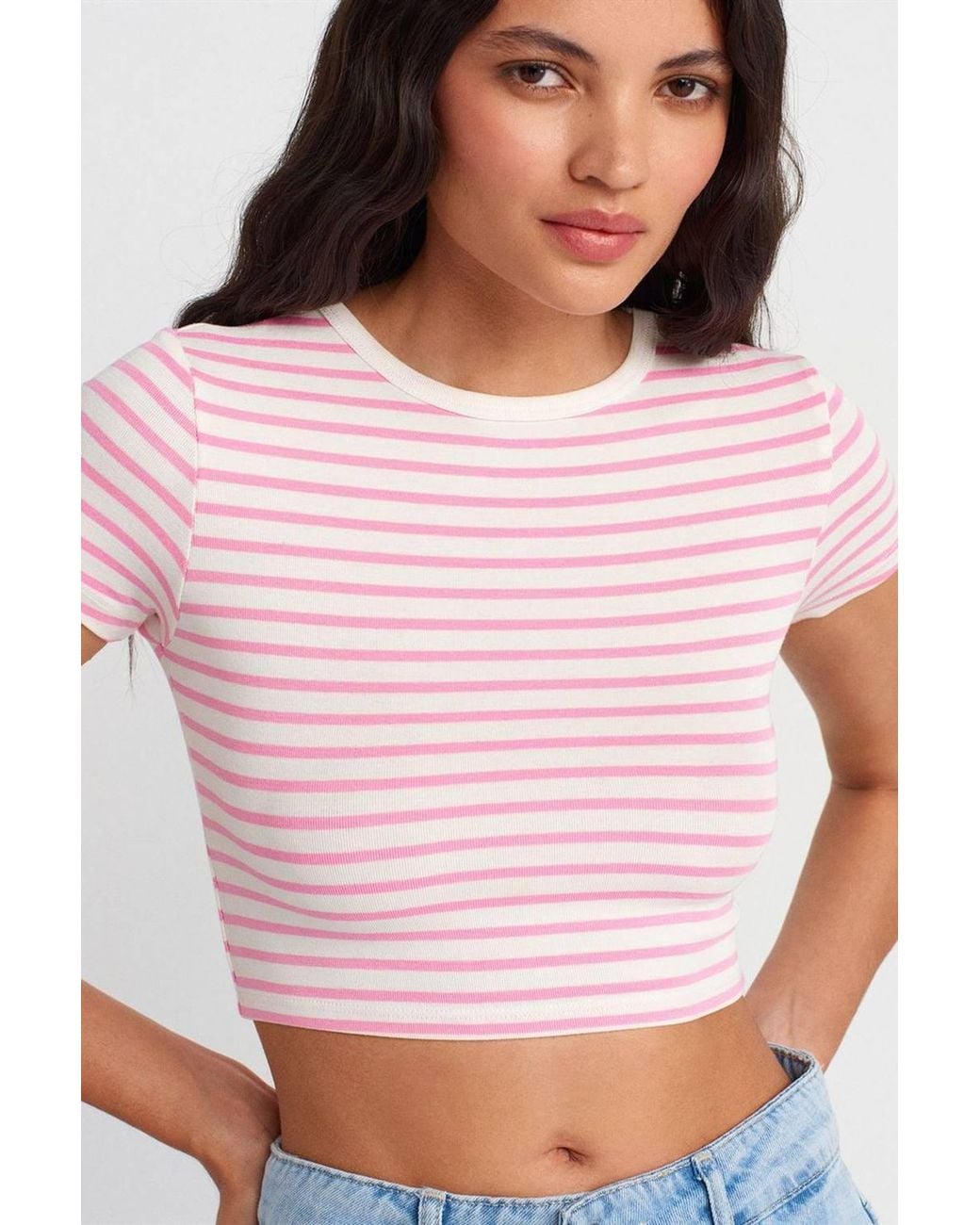Dilvin White Striped Crop Top Blouse