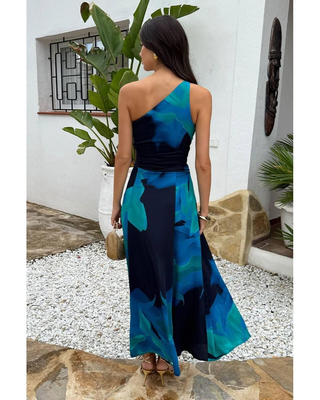 AX Paris Blue Bold Floral Print One Shoulder Ruched Waist Midi Dress