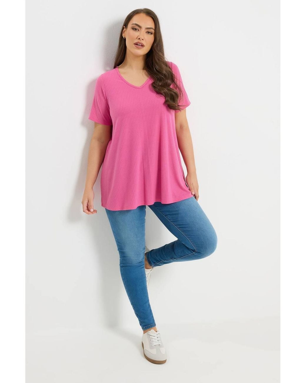 Yours Pink Ribbed Swing V-Neck T-Shirt