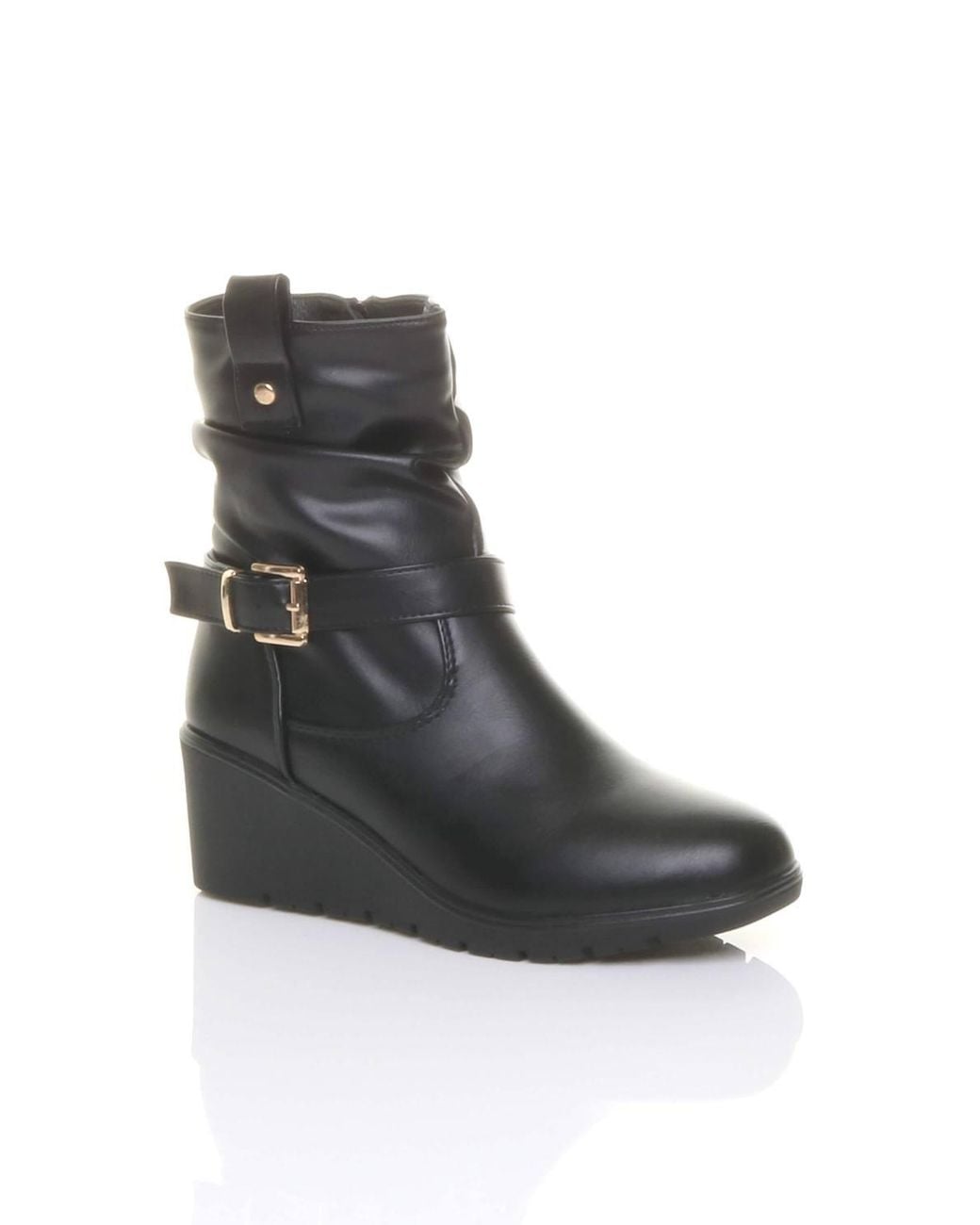 AJVANI Black Mid Wedge Heel Buckle Ankle Boots