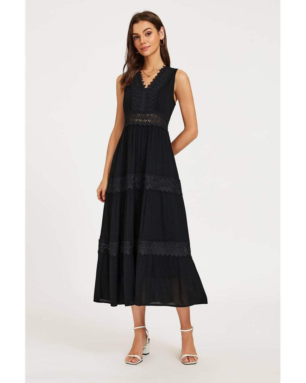 FS Collection Black Lace Trim V-Neck Tiered Sleeveless Midi Dress