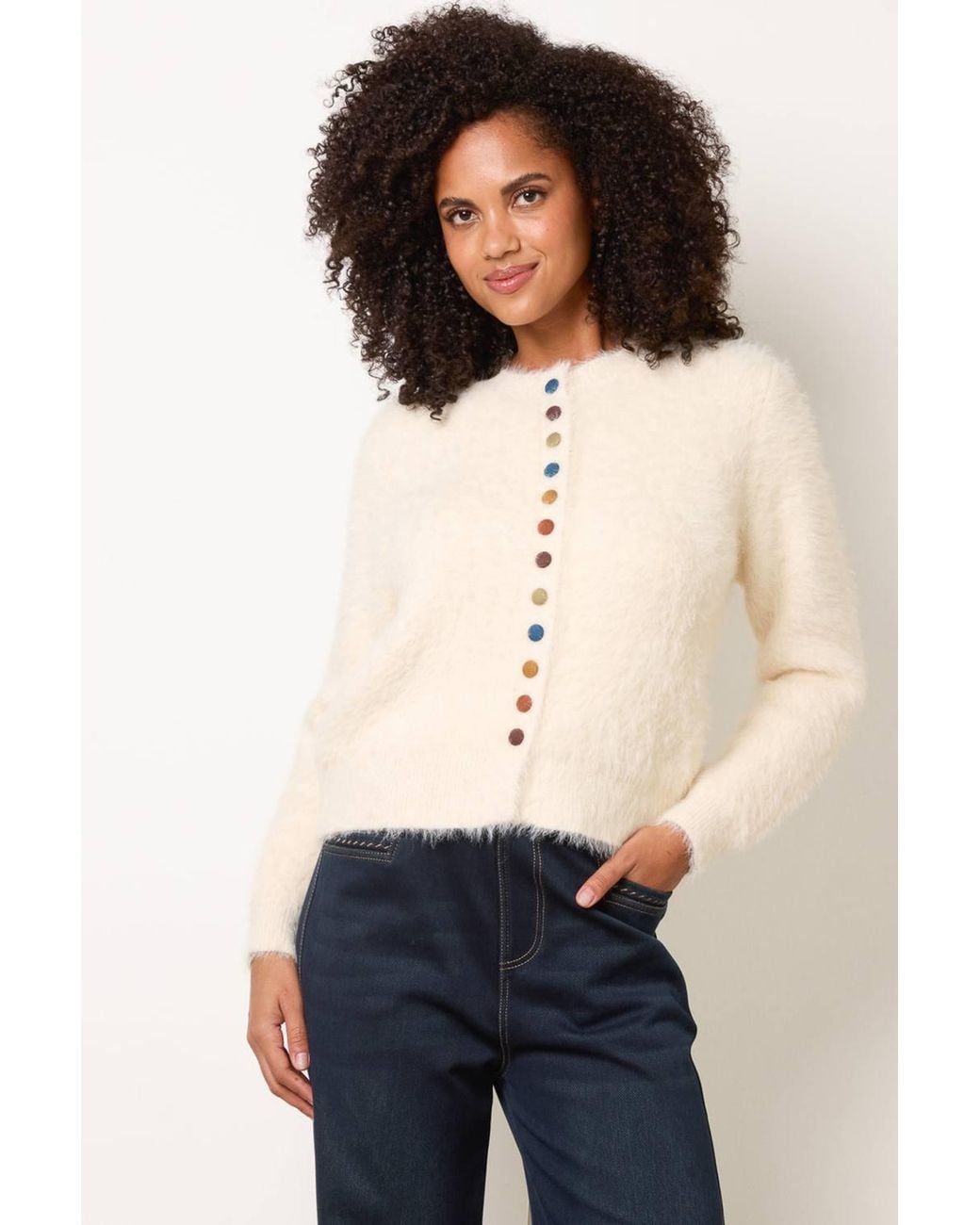 Blue Vanilla Natural Off Long Sleeve Button Up Round Neck Cardigan