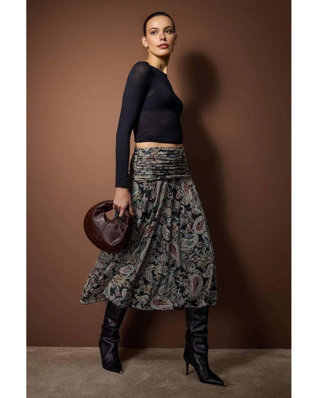 WOVCOR Brown Printed Draped Midi Skirt