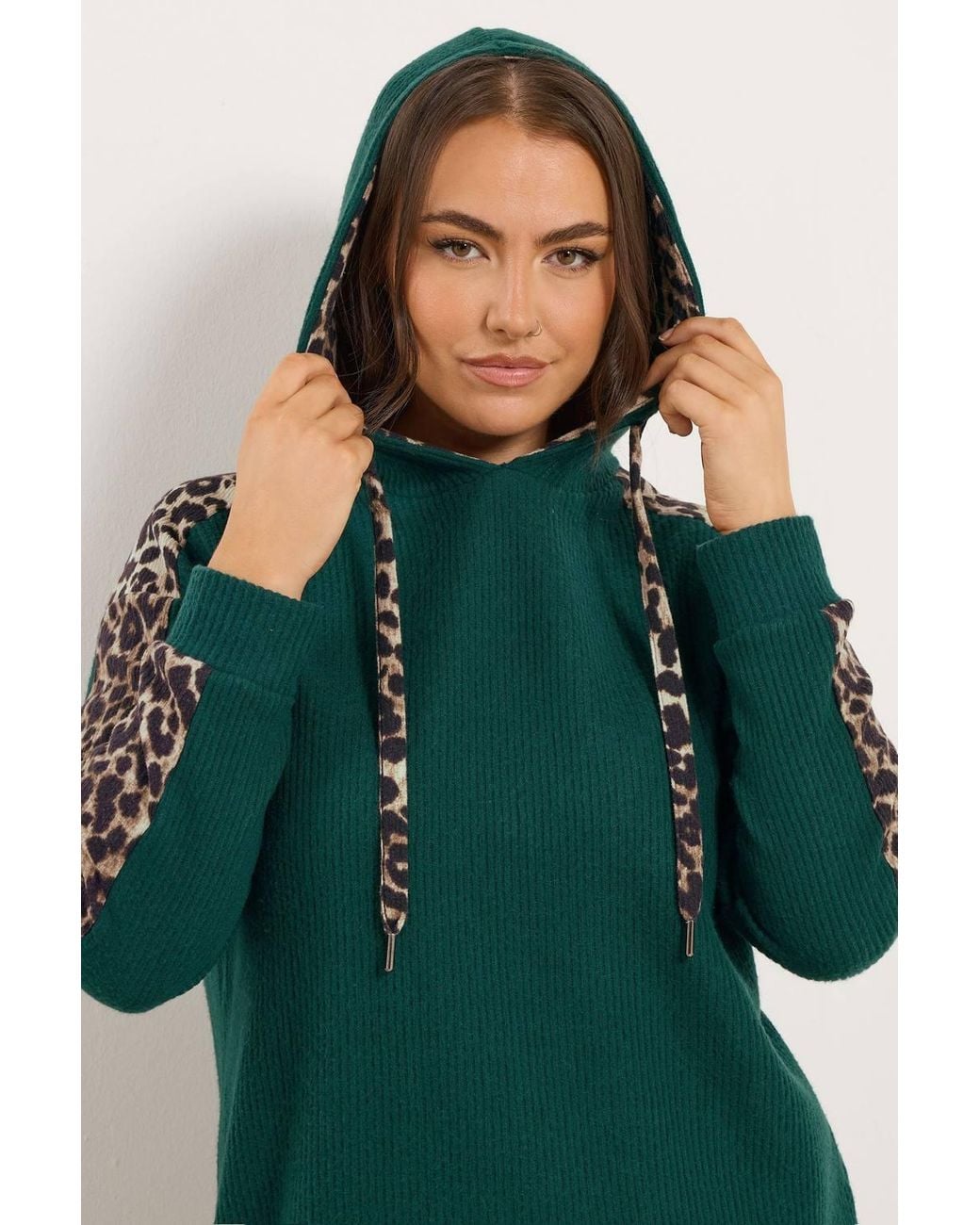 Yours Green Leopard Print Trim Hoodie