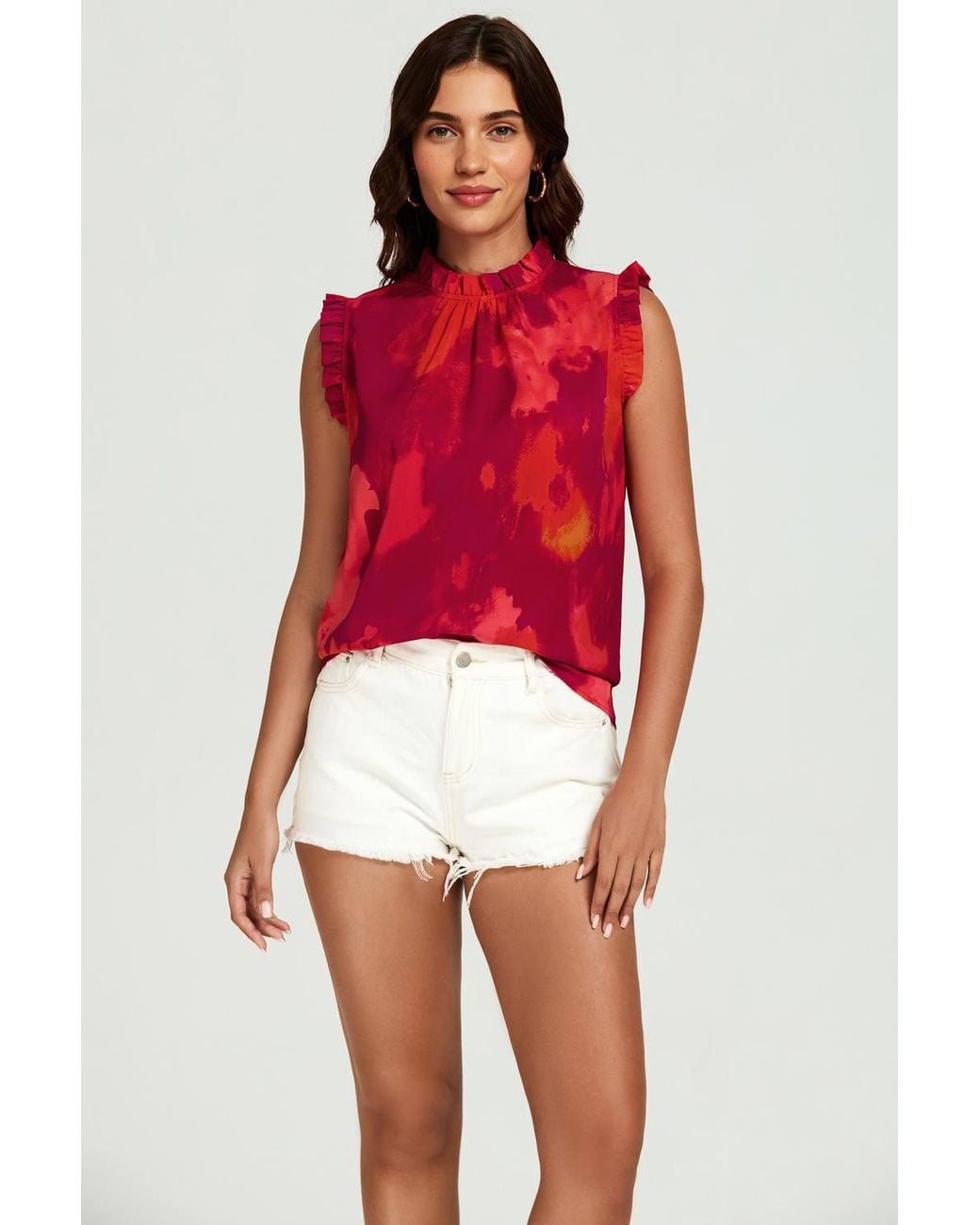 FS Collection Red Abstract Print Frill Trim Sleeve Frill Neck Blouse Top