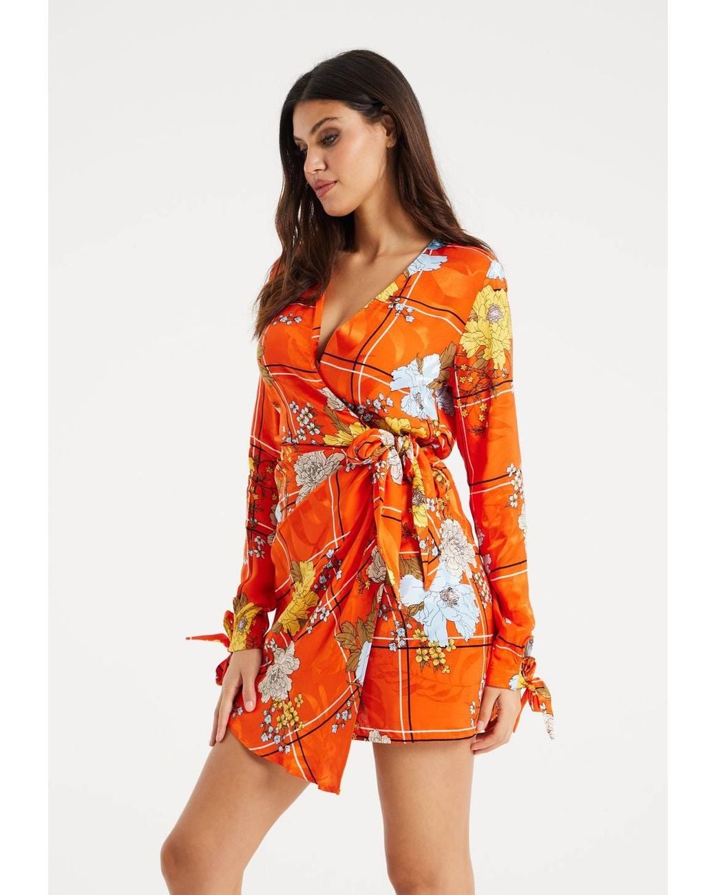Liquorish Orange Checked Floral Print Mini Wrap Dress