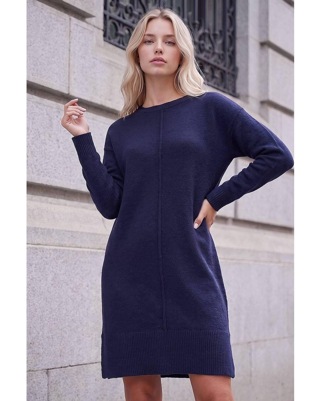 Roman Blue Petite Knitted Pintuck Shift Dress
