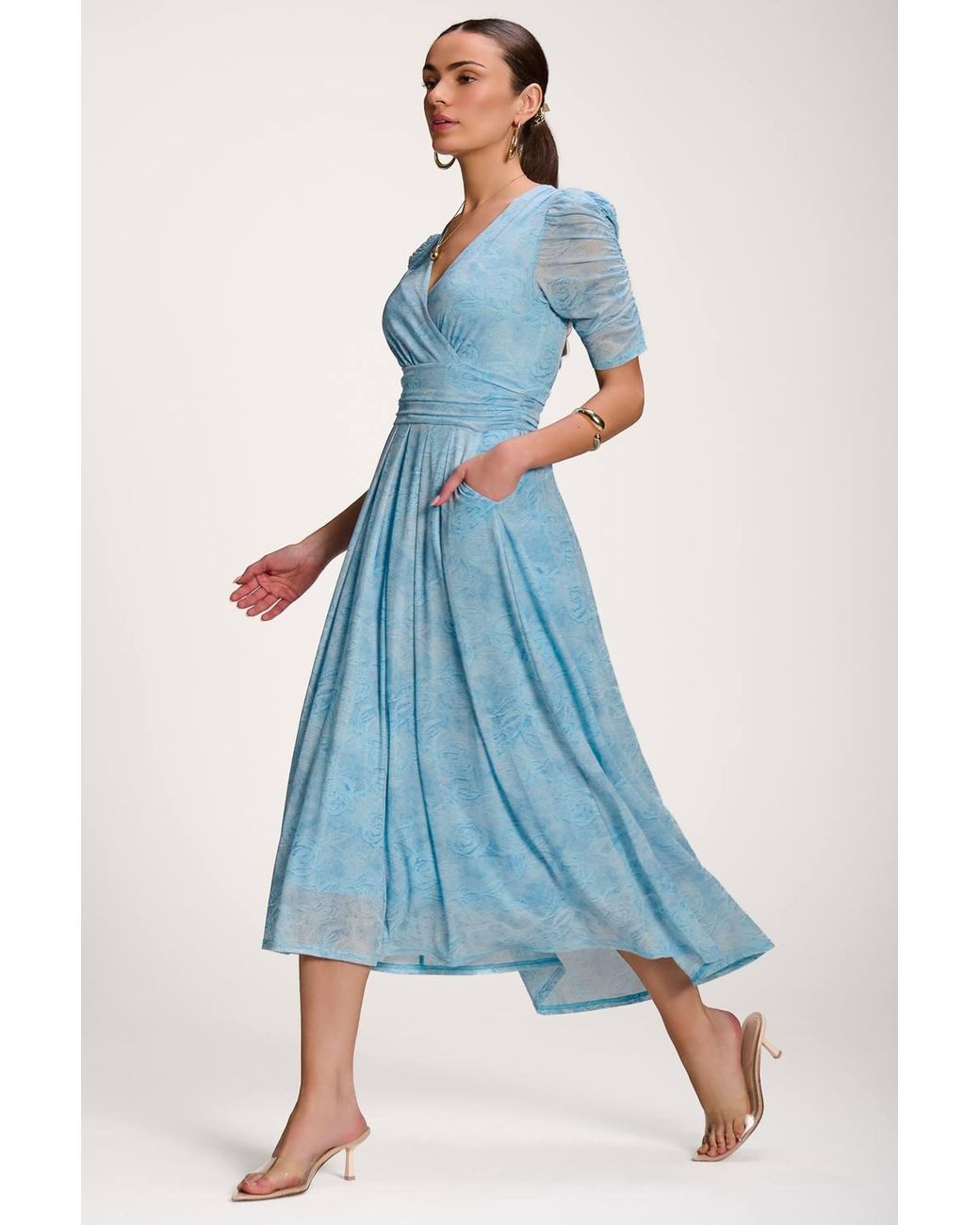 Jolie Moi Blue Printed Mesh Dip Hem Maxi Dress