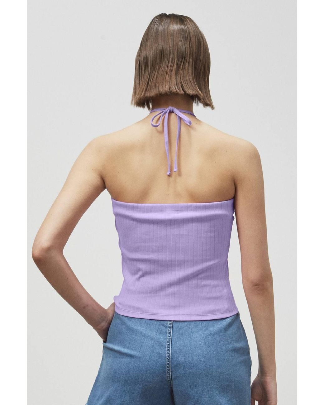 Enorsia Purple Halter Neck Ribbed Cami Vest Top