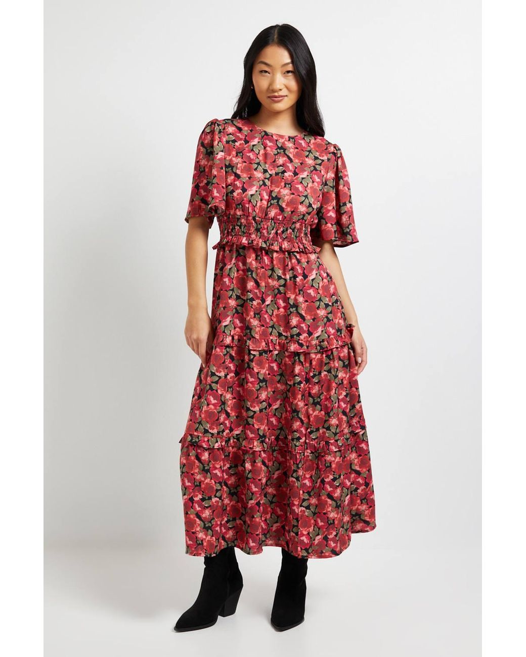 Dorothy Perkins Petite Floral Shirred Waist Angel Sleeve Tiered Maxi Dress