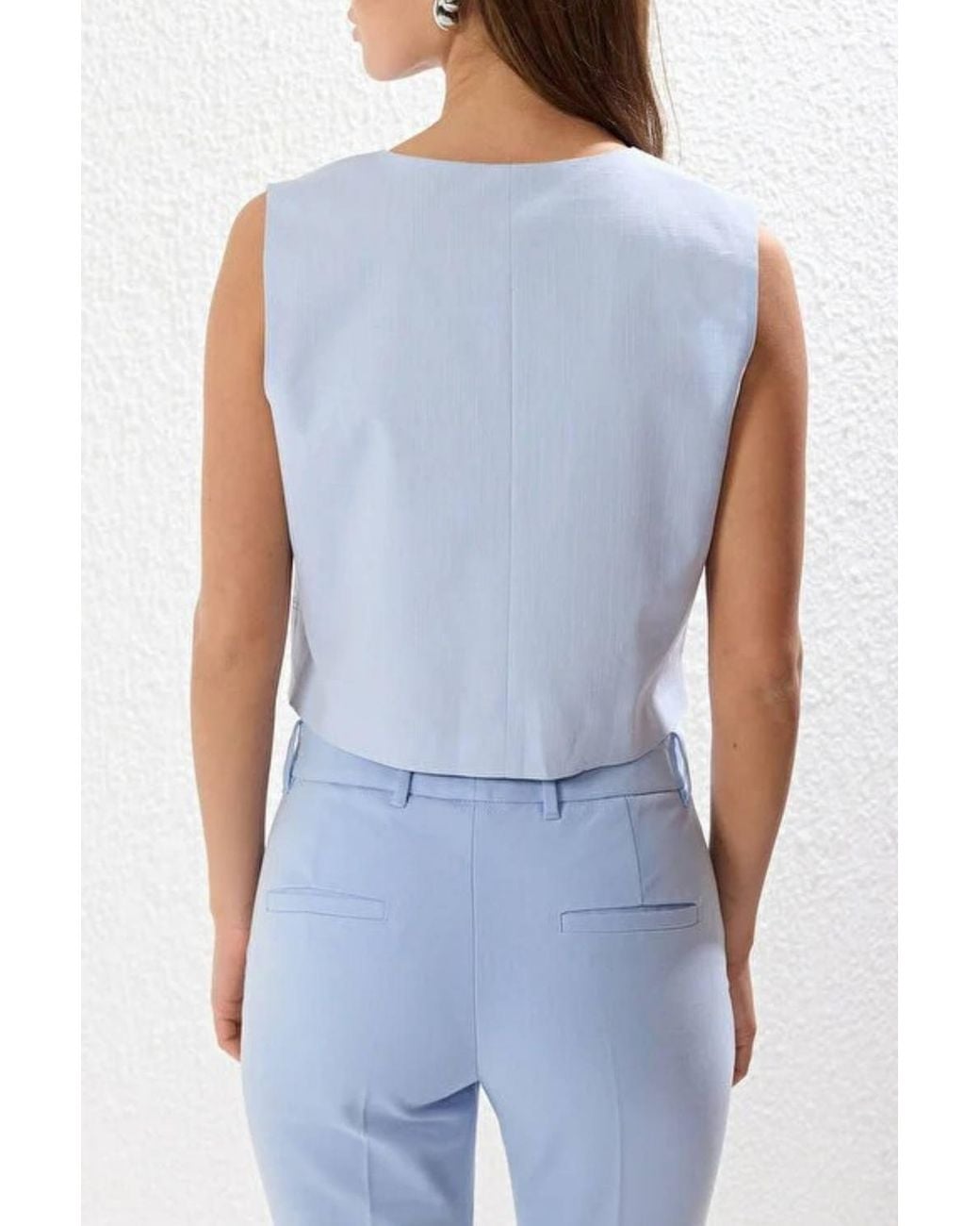 WOVCOR White Tailored Crop Linen-Look Woven Waistcoat W/ Button Detail