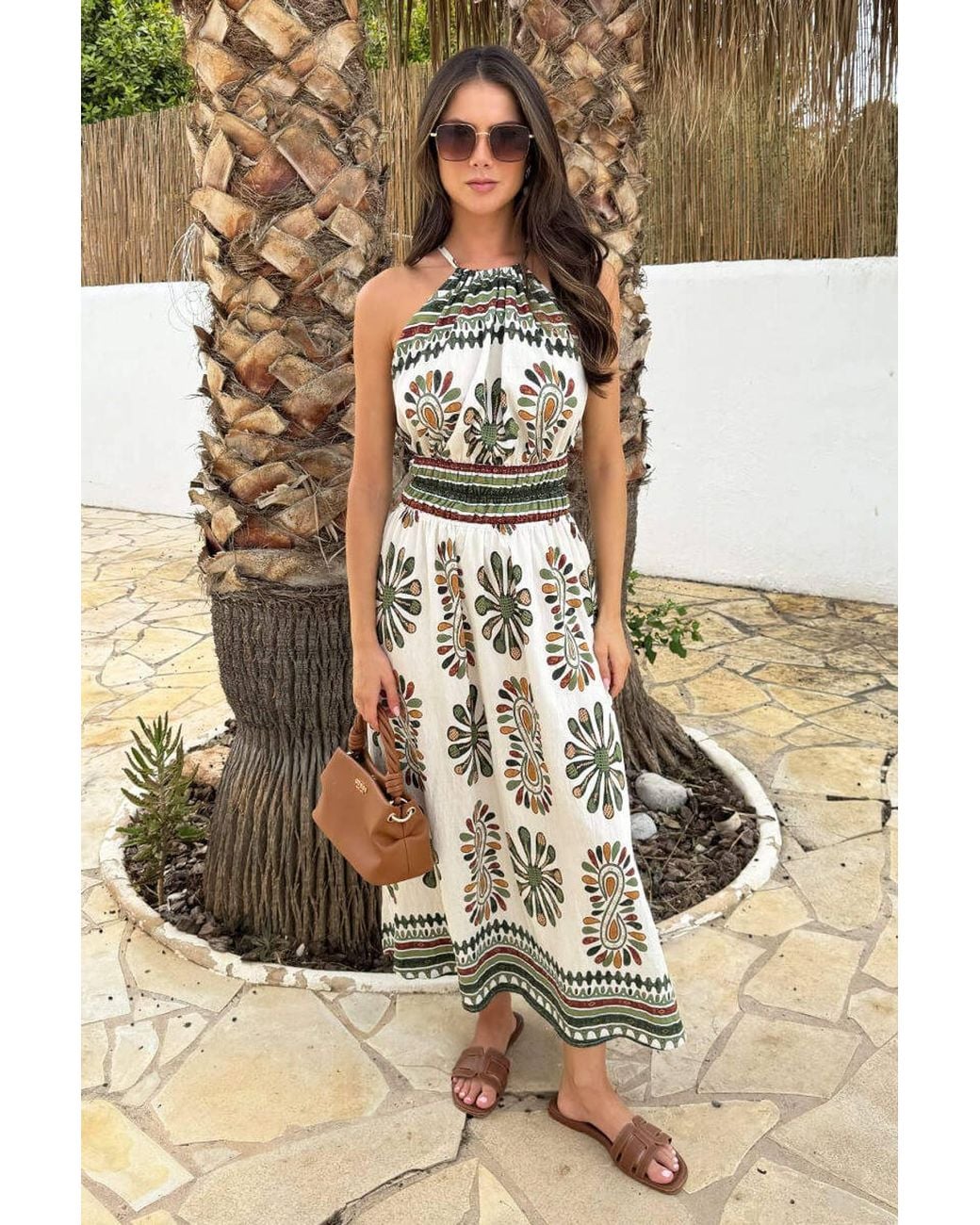 AX Paris Multicolor Multi Boho Print Tie Racer Neck Shirred Waist Midi Dress