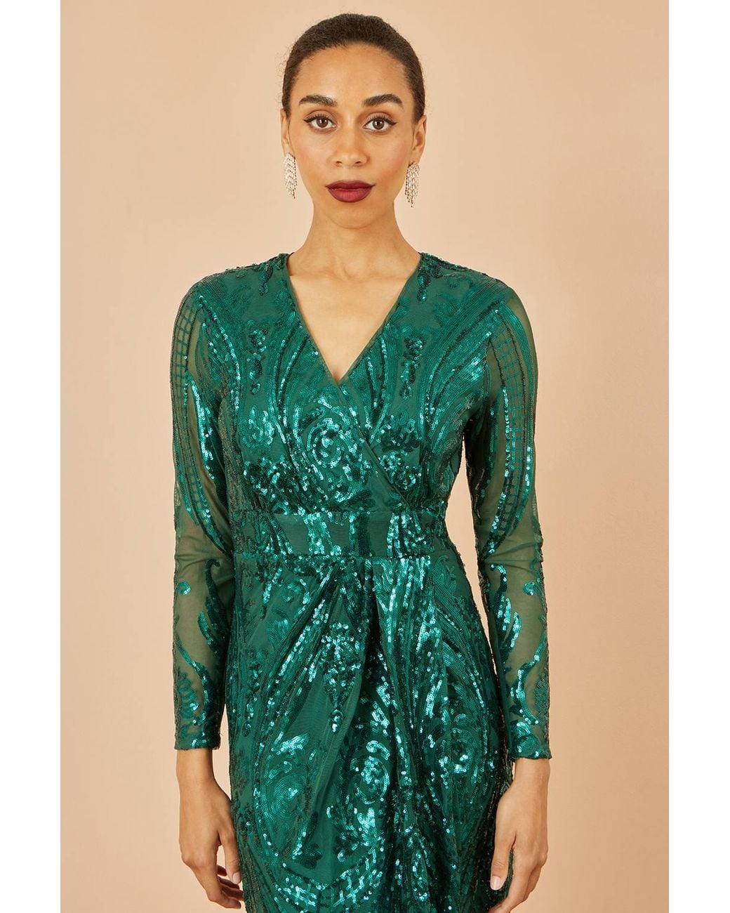 Yumi' Green Sequin Midi Wrap Dress W/ Split Hemline & Long Sleeves