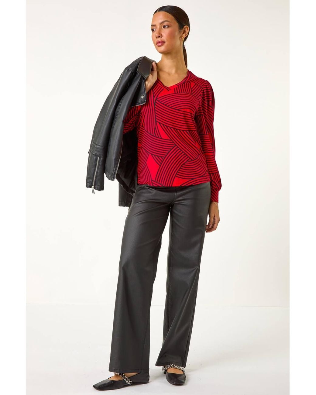 Roman Red Geometric Print V-Neck Stretch Top