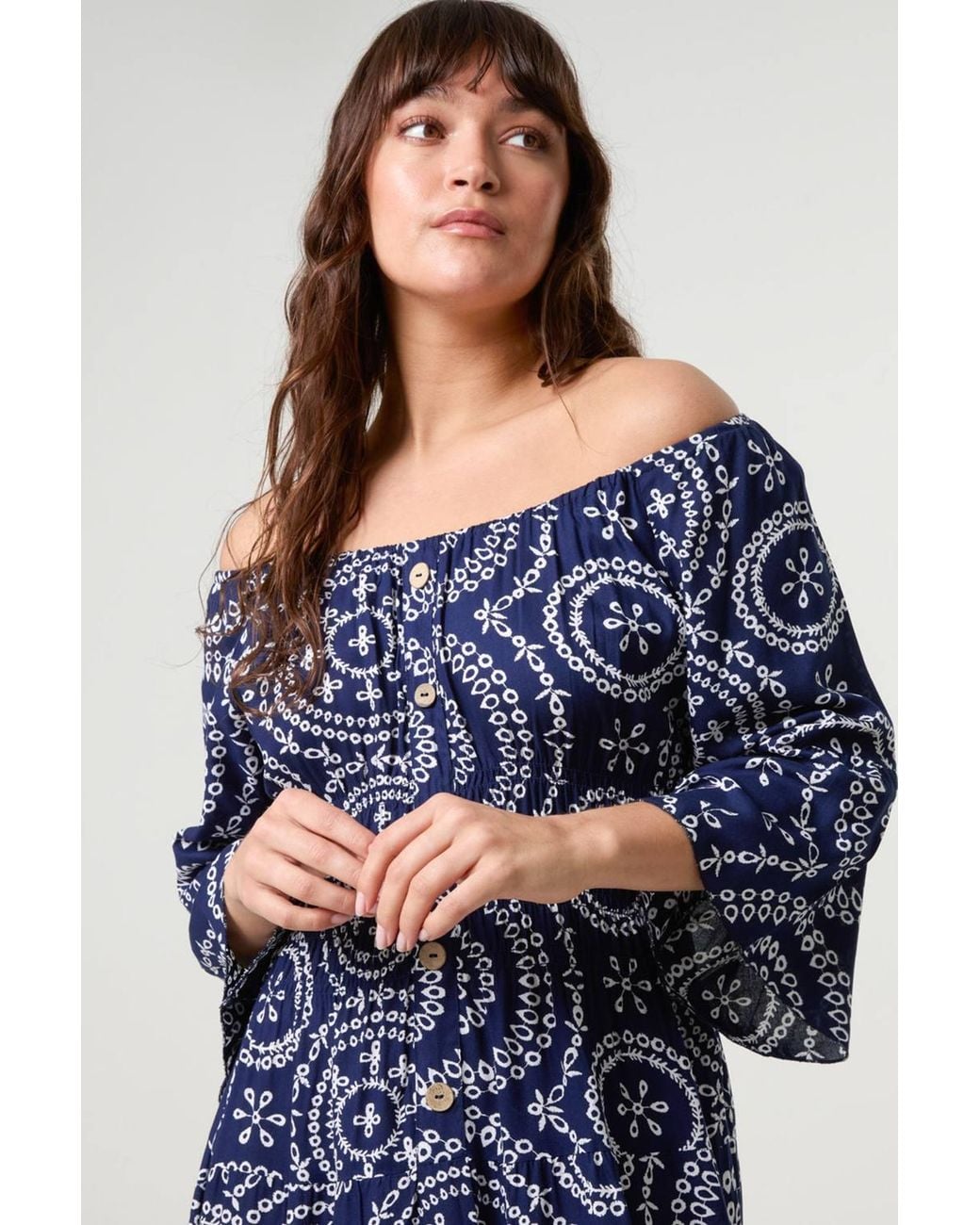 Blue Vanilla Blue Shirred Waist Three Quarter Sleeve Bardot Maxi Dress