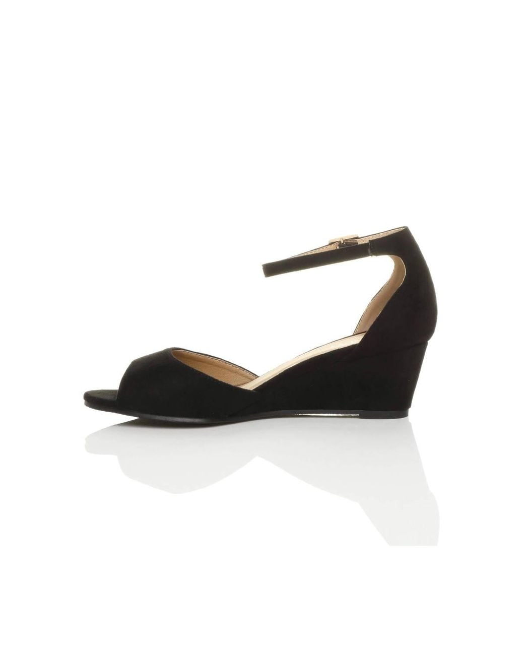 AJVANI Black Mid Wedge Heel Ankle Strap Sandals