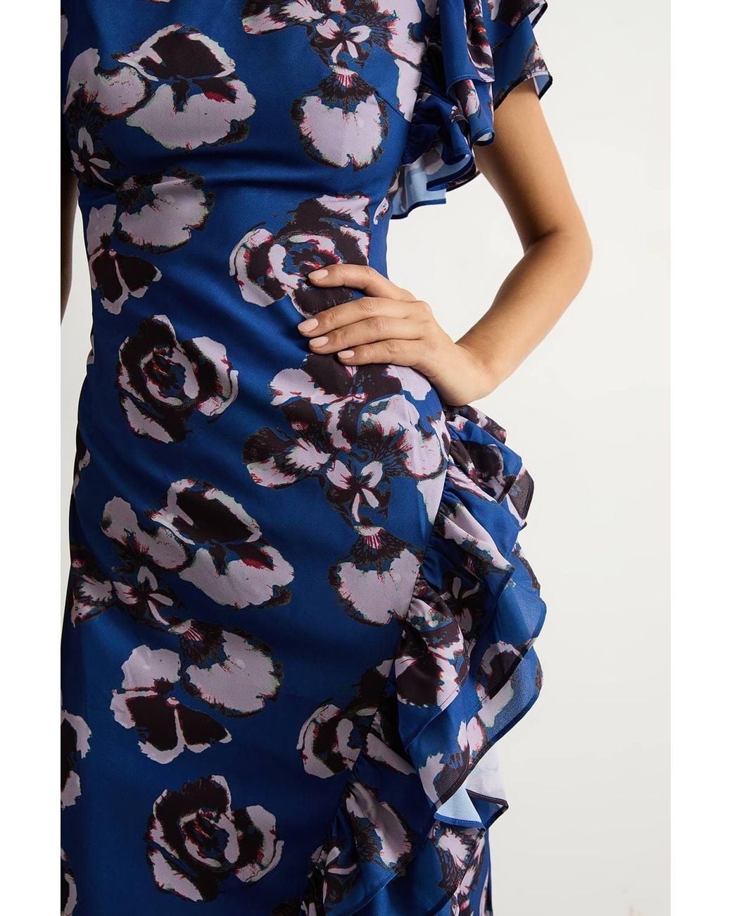 Warehouse Blue Petite Printed Side Split Ruffle Detail Maxi Dress