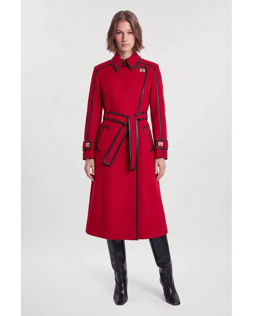 Karen Millen Petite Brushed Wool Pu Trim Belted Tailored Double Breasted Midi Coat