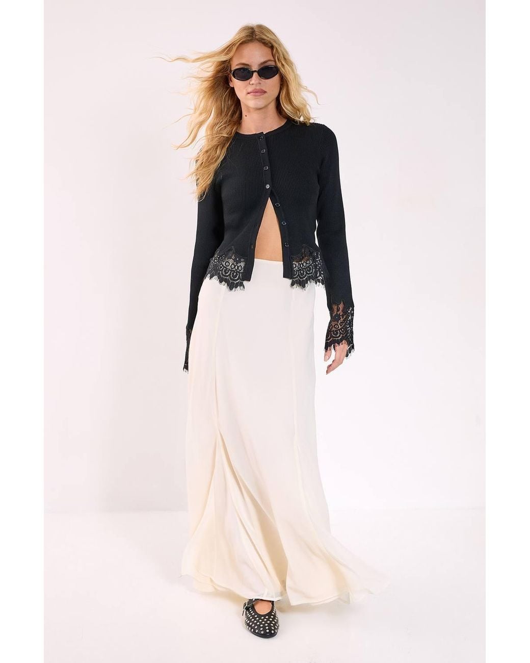 Nasty Gal Black Knitted Lace Hem Detail Cardigan