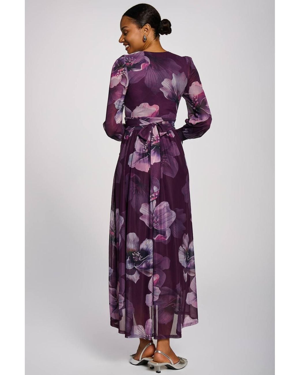 Jolie Moi Purple Long Sleeve V Neck Mesh Maxi Dress