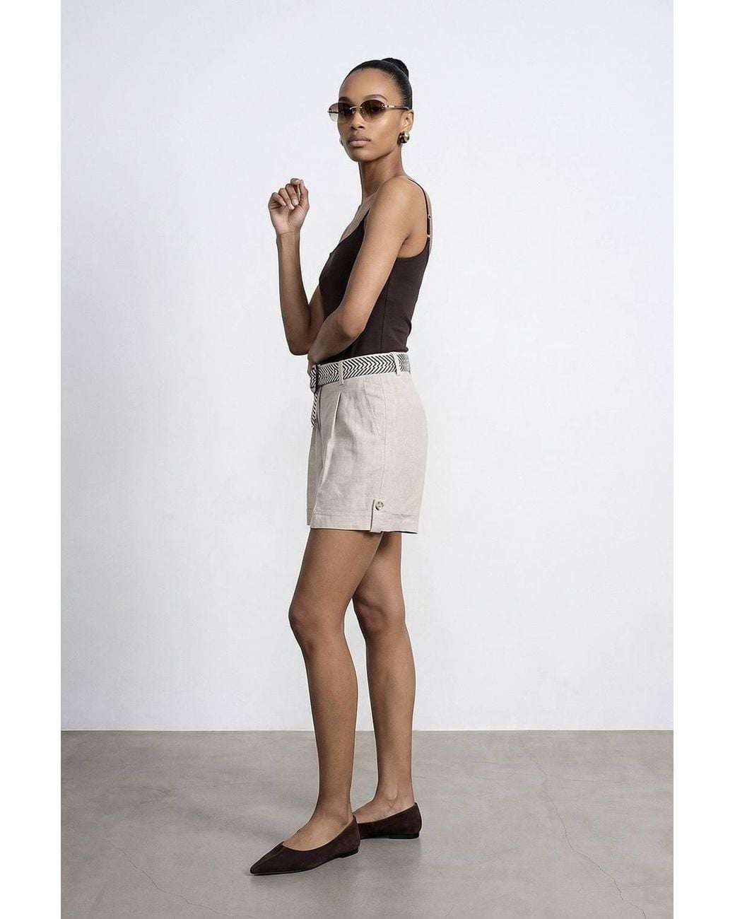 Dilvin Natural Linen High-Waist Tailored Shorts