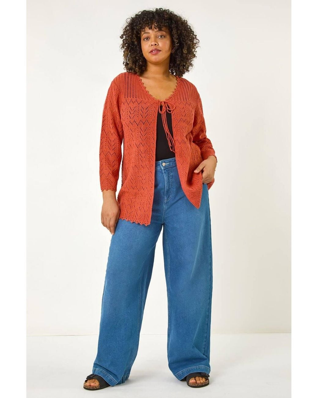 Roman Red Curve Crochet Tie Front Cardigan