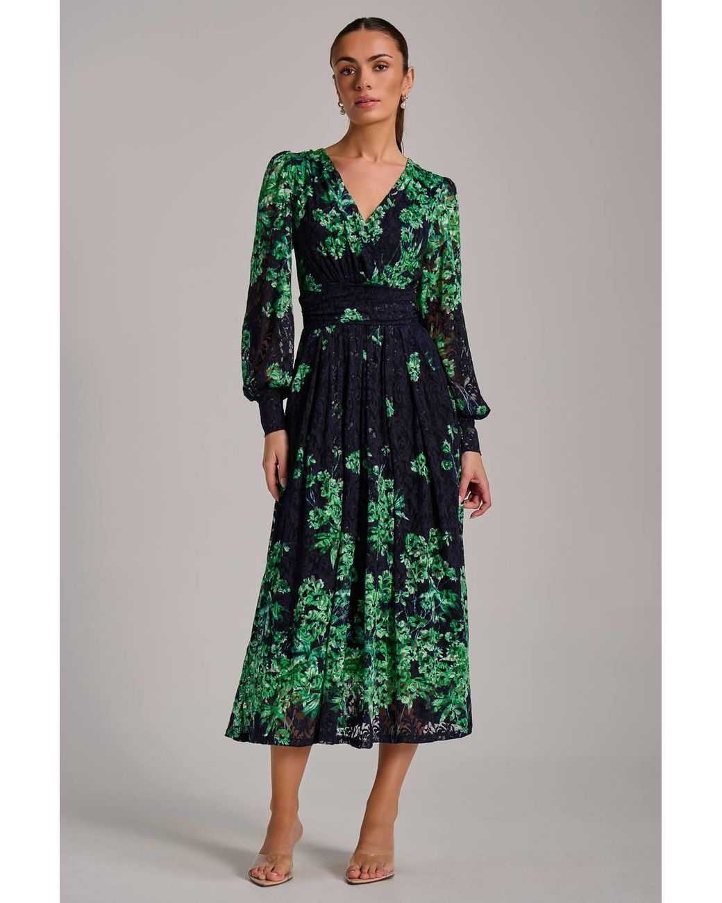 Jolie Moi Green Long Sleeve Print Lace Maxi Dress