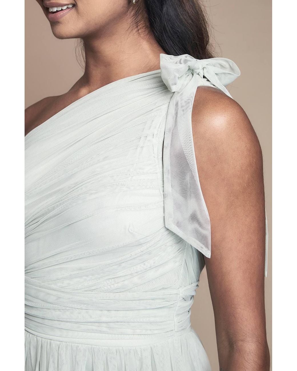 Oasis Green Pleated Mesh One Shoulder Tiered Maxi Bridesmaid Maxi Dress