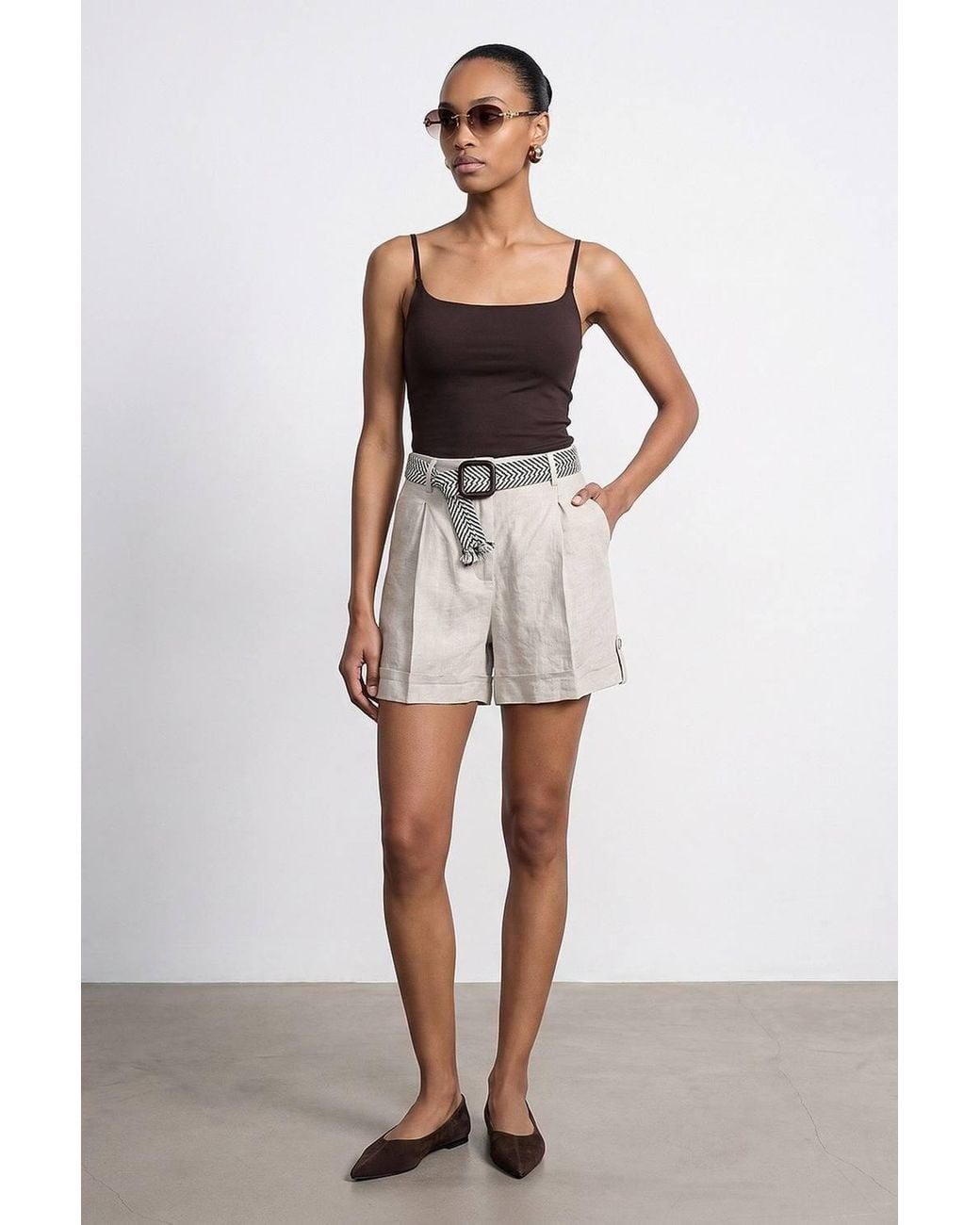 Dilvin Natural Linen High-Waist Tailored Shorts