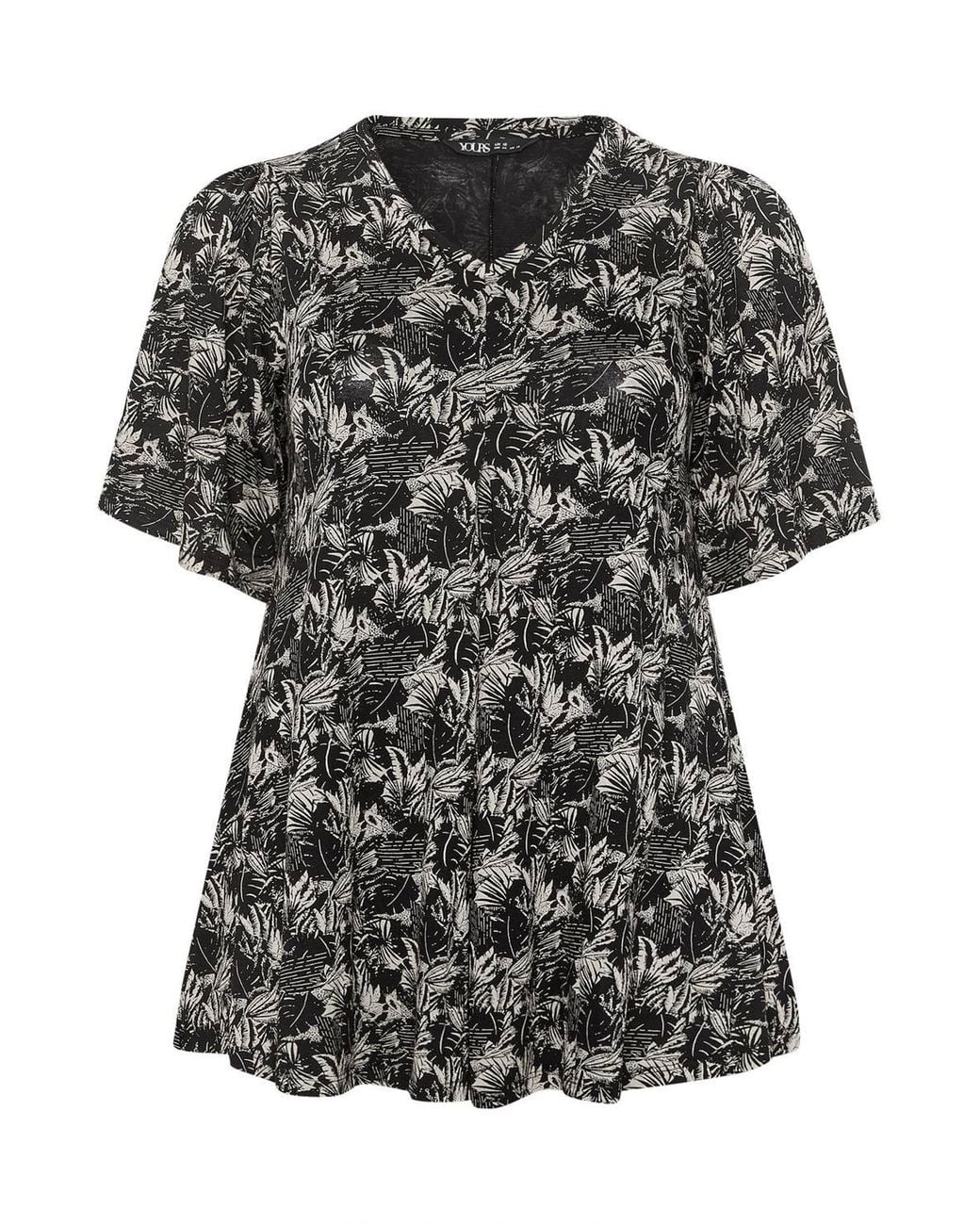 Yours Black Palm Leaf Pleat Front Top