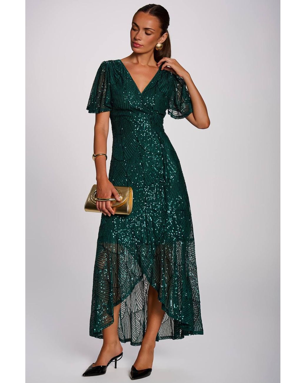 Jolie Moi Green Sequin Angel Sleeve Flare Hem Maxi Dress