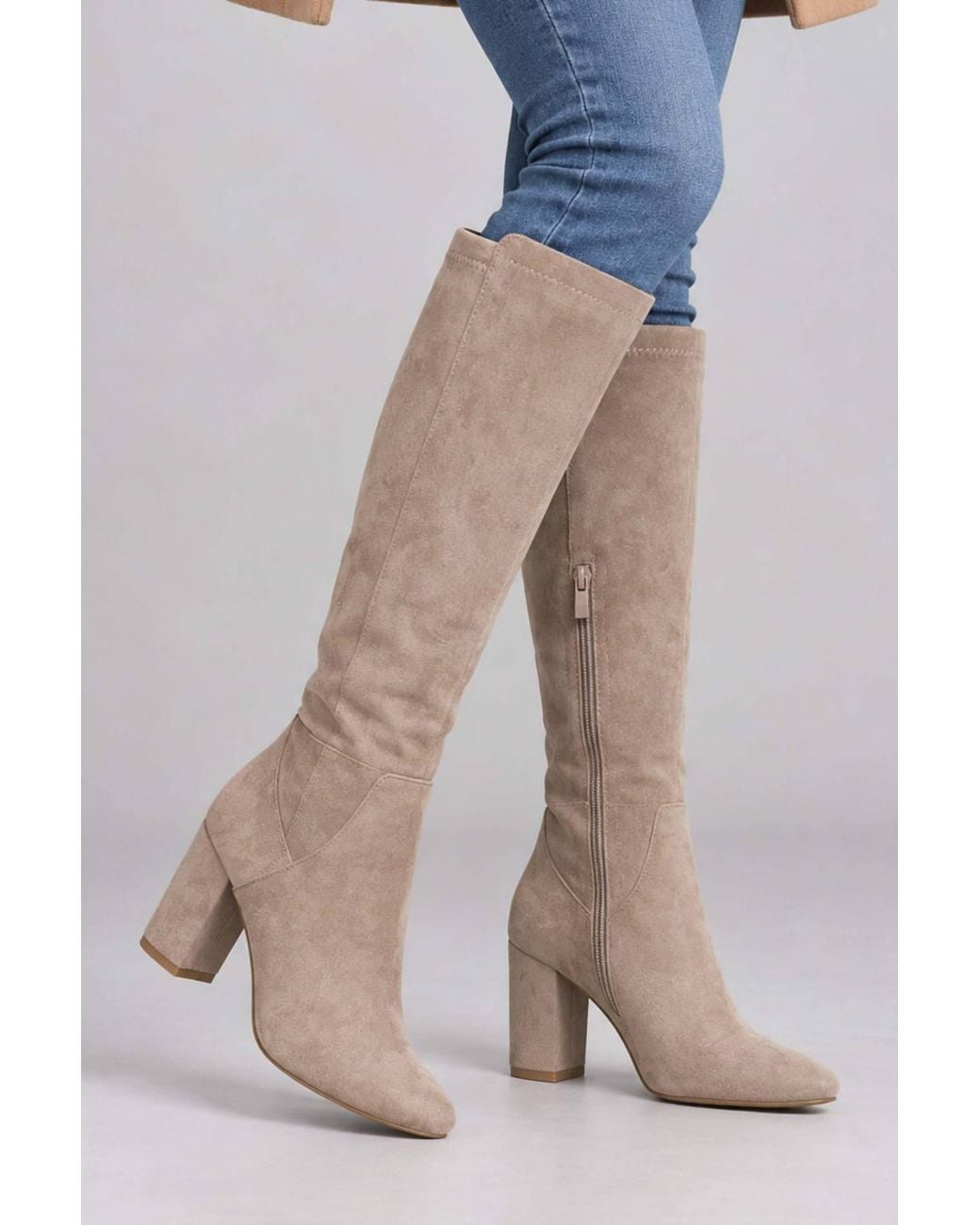 AJVANI Brown High Block Heel Stretchy Calf Boots