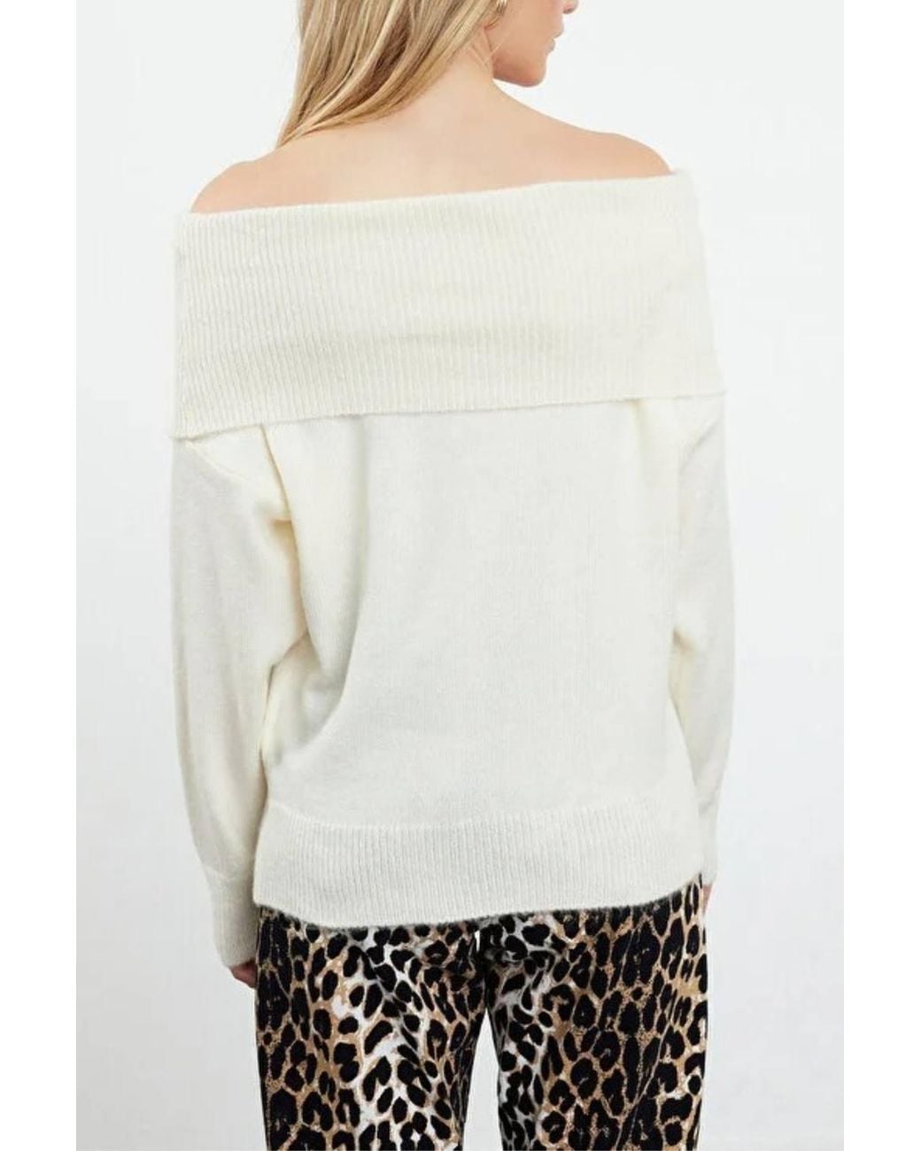 WOVCOR White Shoulder Ribbed Knit Jumper W/ Folded Neck Detail