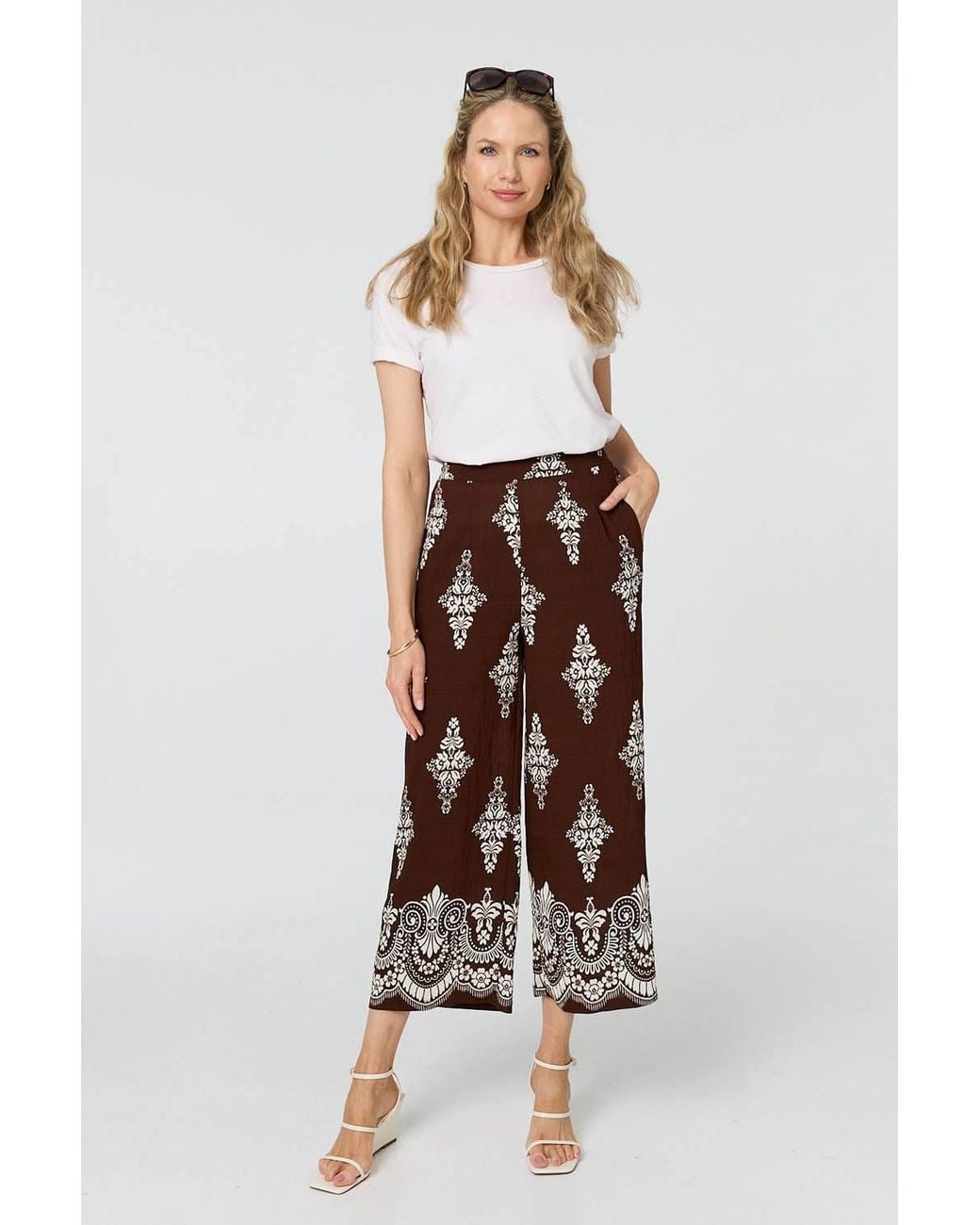 Izabel London White Border Print High Waist Wide Trousers