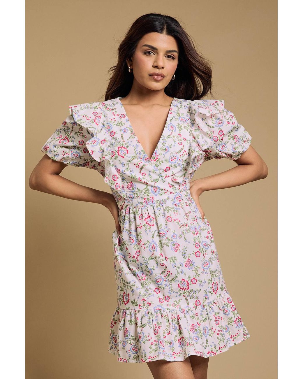 Dorothy Perkins Natural Petite Ruffle Shoulder Puff Sleeve Poplin Mini Dress