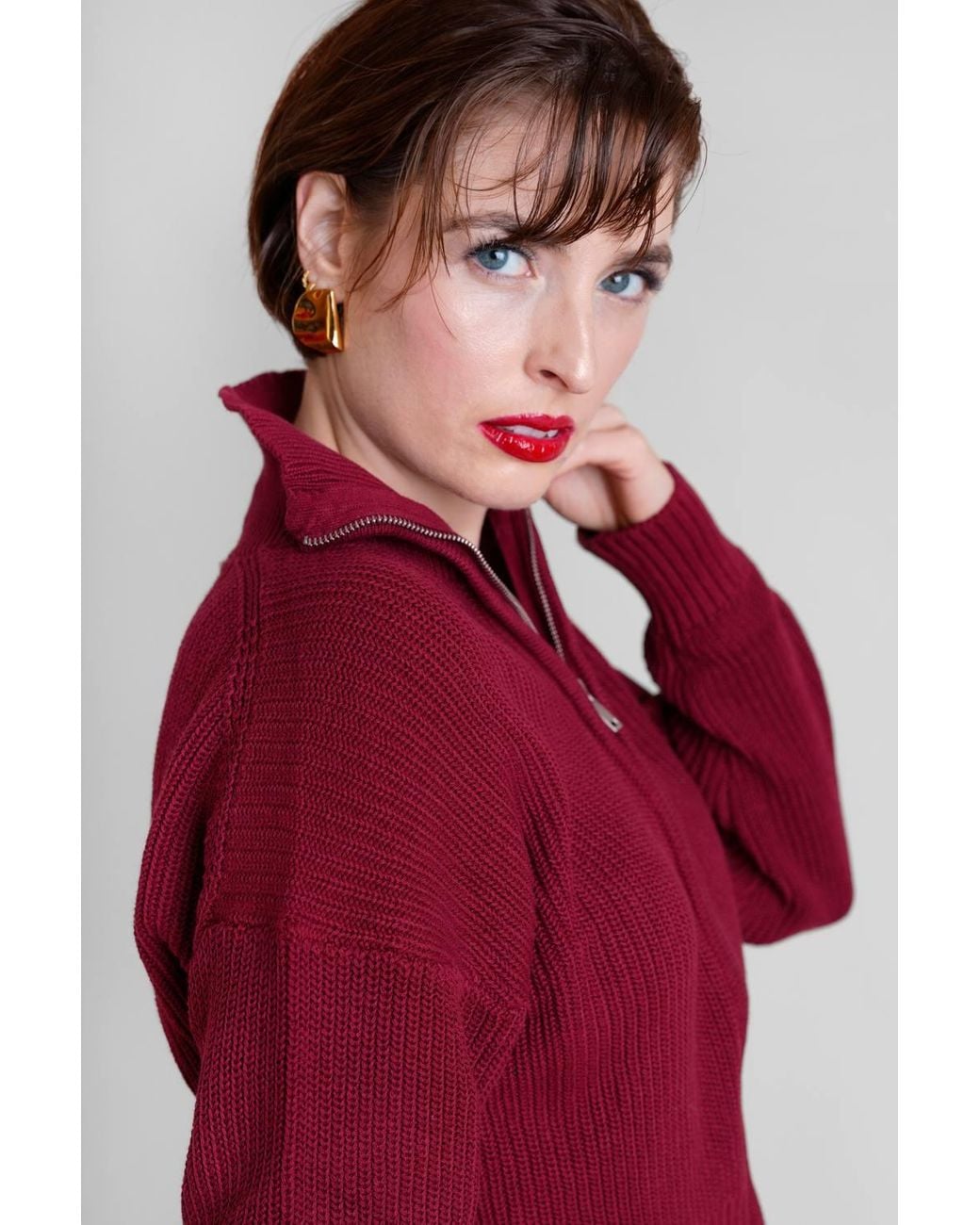 Enorsia Red Funnel Neck Two-Way Zip Jumper