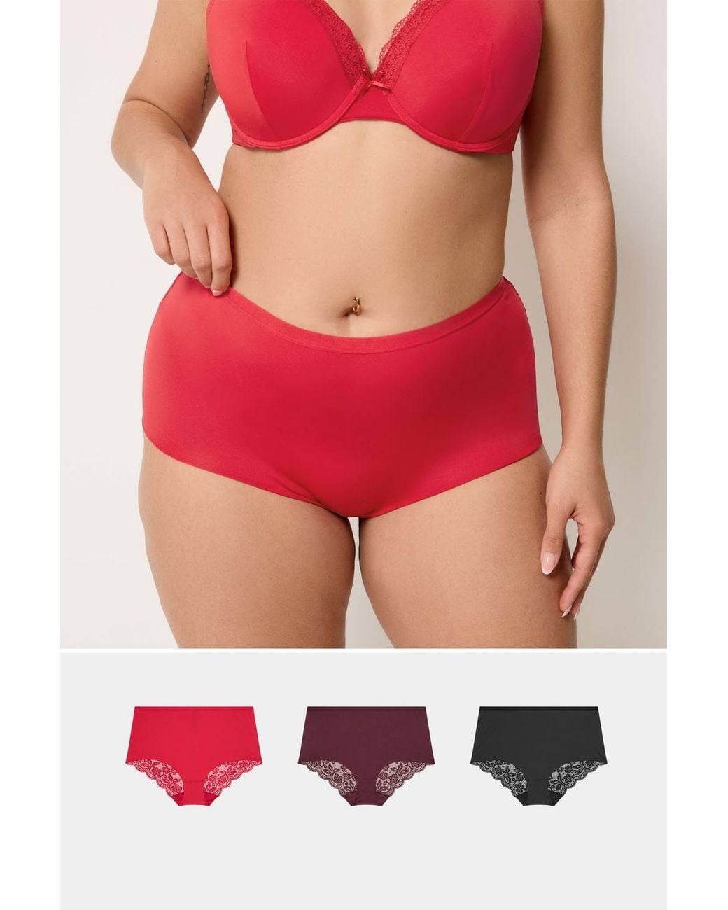 Yours Red 3 Pack Lace Back Briefs