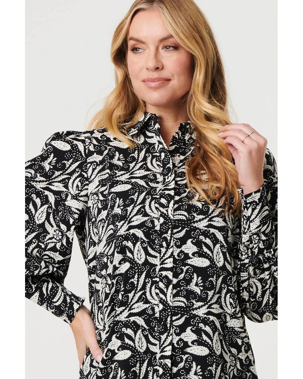 Izabel London Black Leaf Print Long Balloon Sleeve Shirt