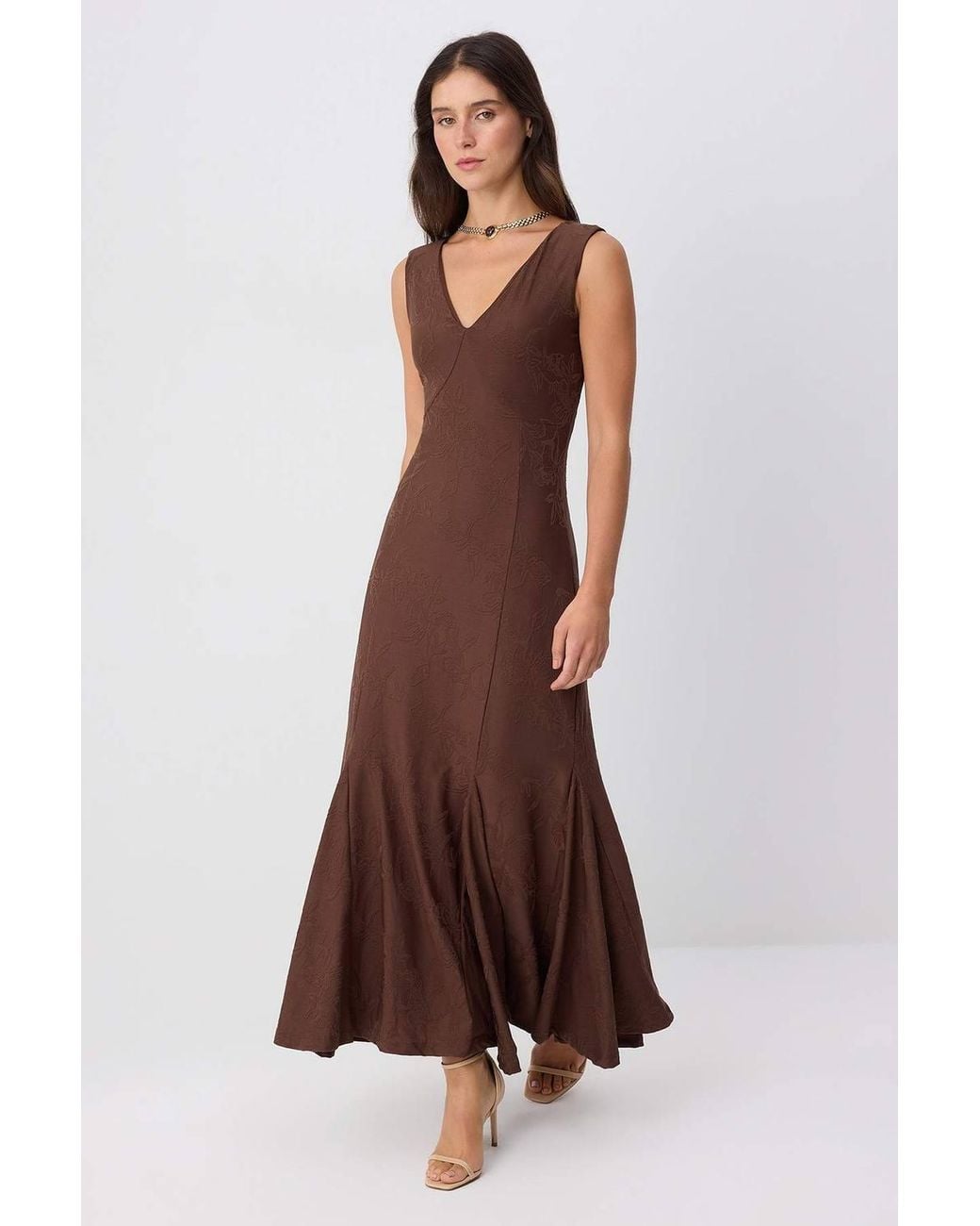WOVCOR Brown V Neck Thick Strap Sleeveless A-Line Maxi Dress